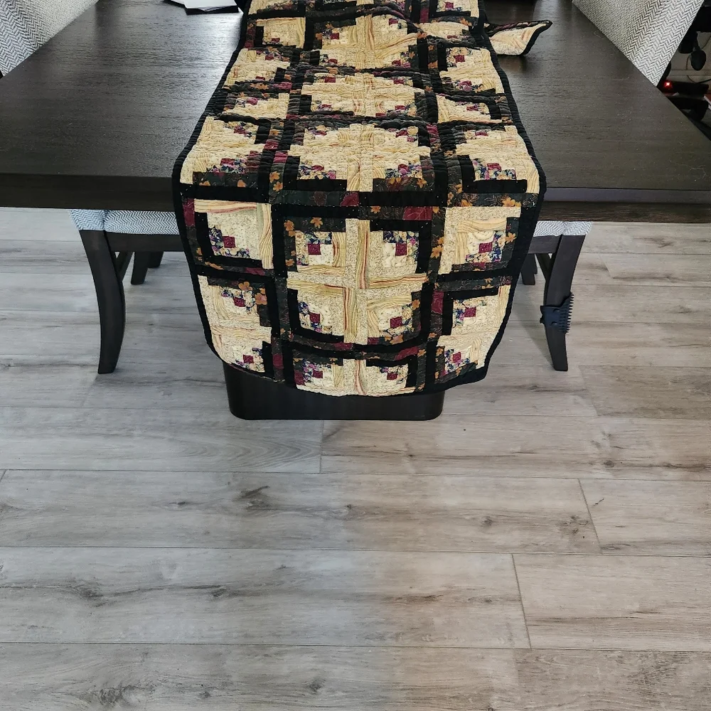 Handcrafted Farmhouse Handmade Quilted Table Runner Multicolor Black Tan Pink